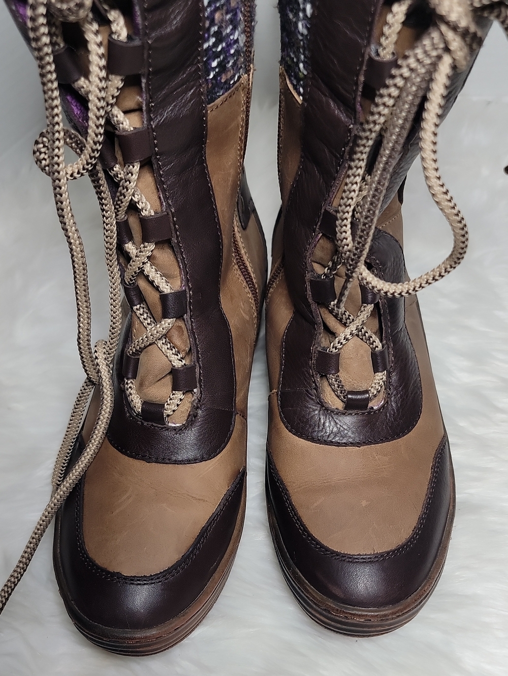 Bionica Garland Waterproof Leather Wedge Boots – Brown/Tan with Purple Tweed 8M